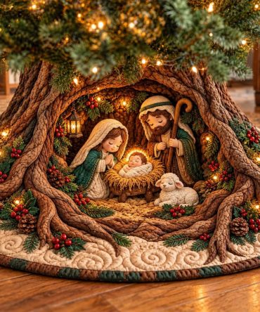 Tree Root Hollow Nativity Christmas Tree Skirt — Unique Handcrafted Nativity Base With Woodland Roots Design, Custom Fit For Holiday Trees