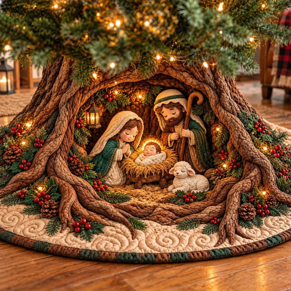 Tree Root Hollow Nativity Christmas Tree Skirt — Unique Handcrafted Nativity Base With Woodland Roots Design, Custom Fit For Holiday Trees