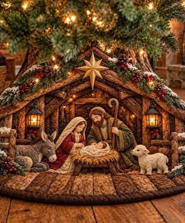 Rustic Stable Donkey Nativity Tree Skirt — Handcrafted Country Nativity Base With Donkey Motif, Quilted Holiday Rug, Custom Sizing Available