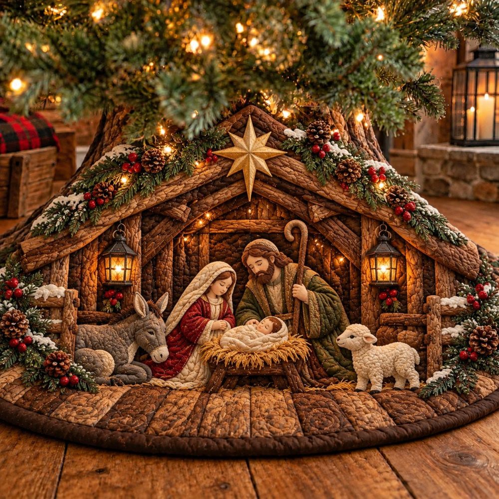 Rustic Stable Donkey Nativity Tree Skirt — Handcrafted Country Nativity Base With Donkey Motif, Quilted Holiday Rug, Custom Sizing Available
