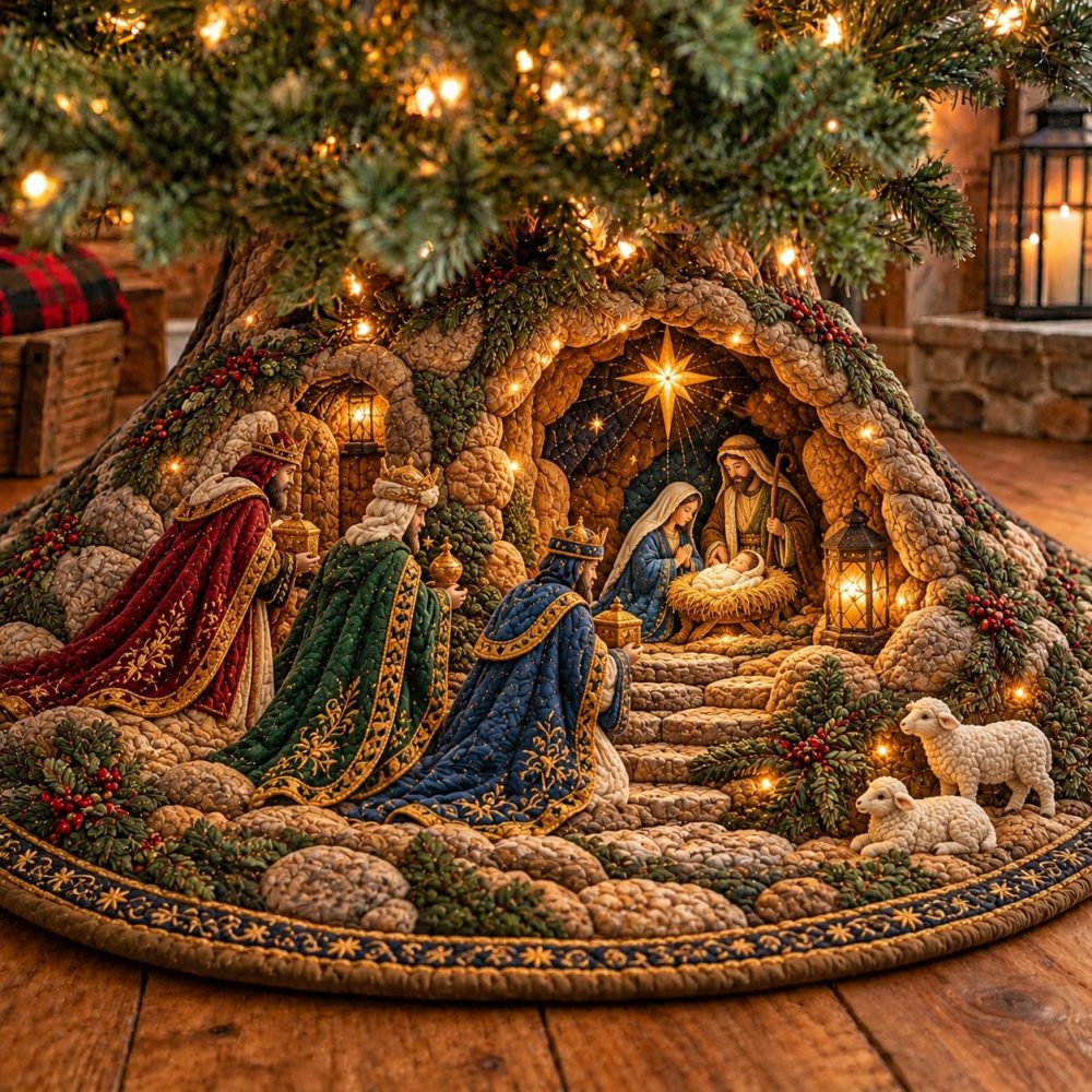 Three Kings Stone Steps Nativity Tree Skirt — Handcrafted Biblical Nativity Base, Detailed Stone-Step Design, Custom Fit For Christmas Decor