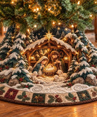 Snowy Pine Stable Nativity Tree Skirt — Handcrafted Seasonal Nativity Base, Quilted Winter Pine Design, Custom-Sized For Christmas Trees