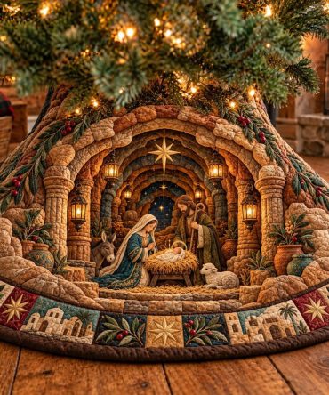 Stone Archway Nativity Christmas Tree Skirt — Elegant Religious Holiday Decor, Custom Quilted Nativity Base, Handcrafted For Your Tree