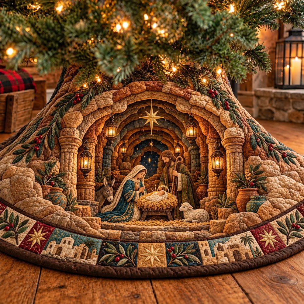 Stone Archway Nativity Christmas Tree Skirt — Elegant Religious Holiday Decor, Custom Quilted Nativity Base, Handcrafted For Your Tree