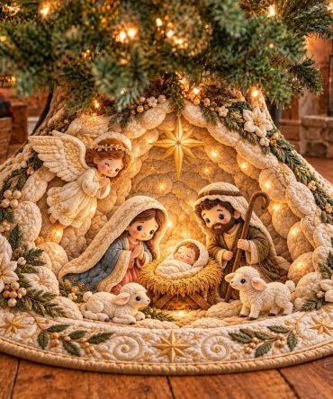 Angel Ivory Glow Nativity Christmas Tree Skirt — Elegant Handcrafted Ivory Nativity Base, Quilted Luxury Holiday Mat, Custom-Sized