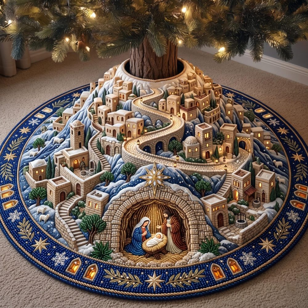 Handcrafted Nativity Christmas Tree Skirt — Made-To-Order Manger Scene Holiday Tree Skirt For Religious Home Decor