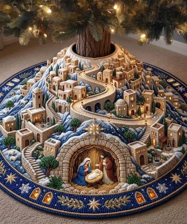 Stone Hillside Nativity Cave Tree Skirt - Custom-Made Textured Holiday Decor With Rustic Cave Manger Scene, Heirloom Quality
