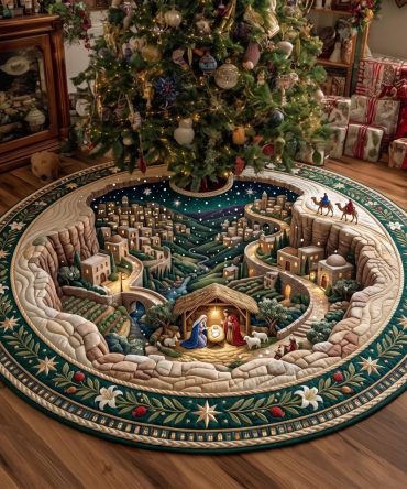 Midnight Village Nativity Ring Tree Skirt - Luxurious Dark-Tone Custom Christmas Skirt With Nativity Silhouettes, Hand-Finished Quality