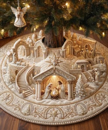 Ivory Stairway Nativity Quilted Christmas Tree Skirt — Made To Order Elegant Religious Decor, Custom Fit, Subtle Ivory Design For Sacred Holidays