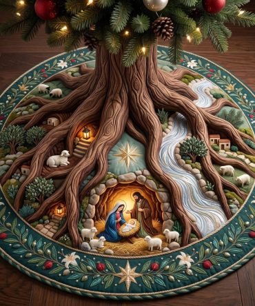 Tree Root Glow Nativity Christmas Tree Skirt - Custom Handcrafted Rustic Nativity Scene With Warm Lighting Effect, Premium Holiday Accent