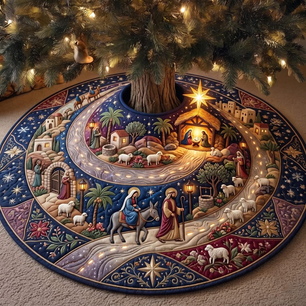 Starry Shepherd Journey Christmas Tree Skirt - Custom-Made Nativity Scene With Star Accents, Premium Holiday Decor For Family Trees
