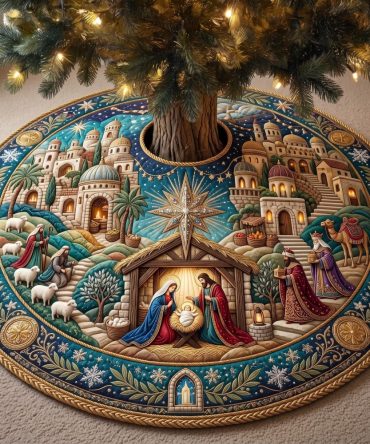Handcrafted Turquoise Nativity Christmas Tree Skirt - Custom Holiday Village Snow Scene On Premium Fabric, Made-To-Order Gift