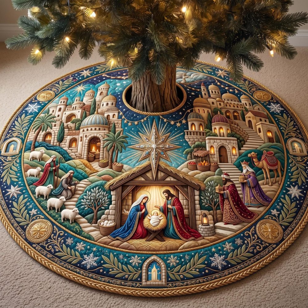 Handcrafted Turquoise Nativity Christmas Tree Skirt - Custom Holiday Village Snow Scene On Premium Fabric, Made-To-Order Gift