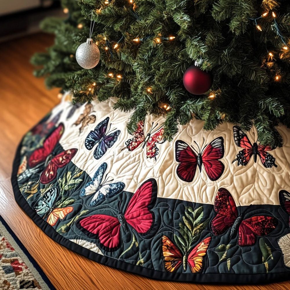 Nature'S Ballet Holiday Tree Skirt — Handcrafted Elegant Botanical Christmas Tree Skirt With Dancing Nature Motif, Custom Sizes, Washable