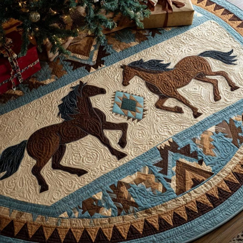 Navajo Horse Holiday Tree Skirt — Handcrafted Southwestern Navajo Horse Motif Christmas Tree Skirt, Rustic Boutique Quality, Custom Sizes
