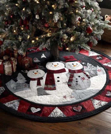 Night Snowman Parade Handmade Christmas Tree Skirt - Custom Made-To-Order Whimsical Holiday Base Decoration
