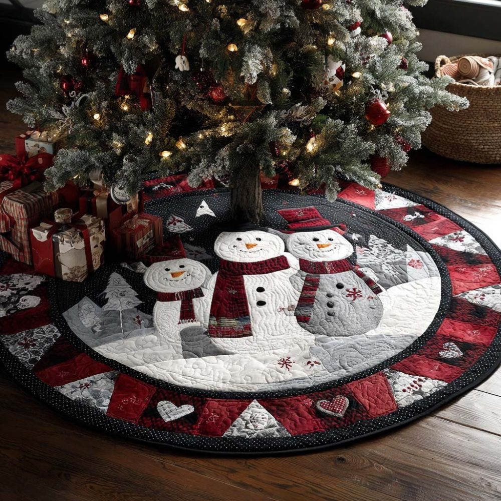 Night Snowman Parade Handmade Christmas Tree Skirt - Custom Made-To-Order Whimsical Holiday Base Decoration
