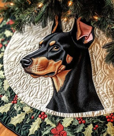 Noble Doberman Watcher Holiday Tree Skirt — Handcrafted Dog Lover'S Christmas Tree Skirt With Doberman Motif, Custom Sizes, Machine Washable