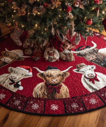 Noel Highland Cow Holiday Tree Skirt — Handcrafted Rustic Cow Print Christmas Tree Skirt, Farmhouse Chic, Custom Sizes Available