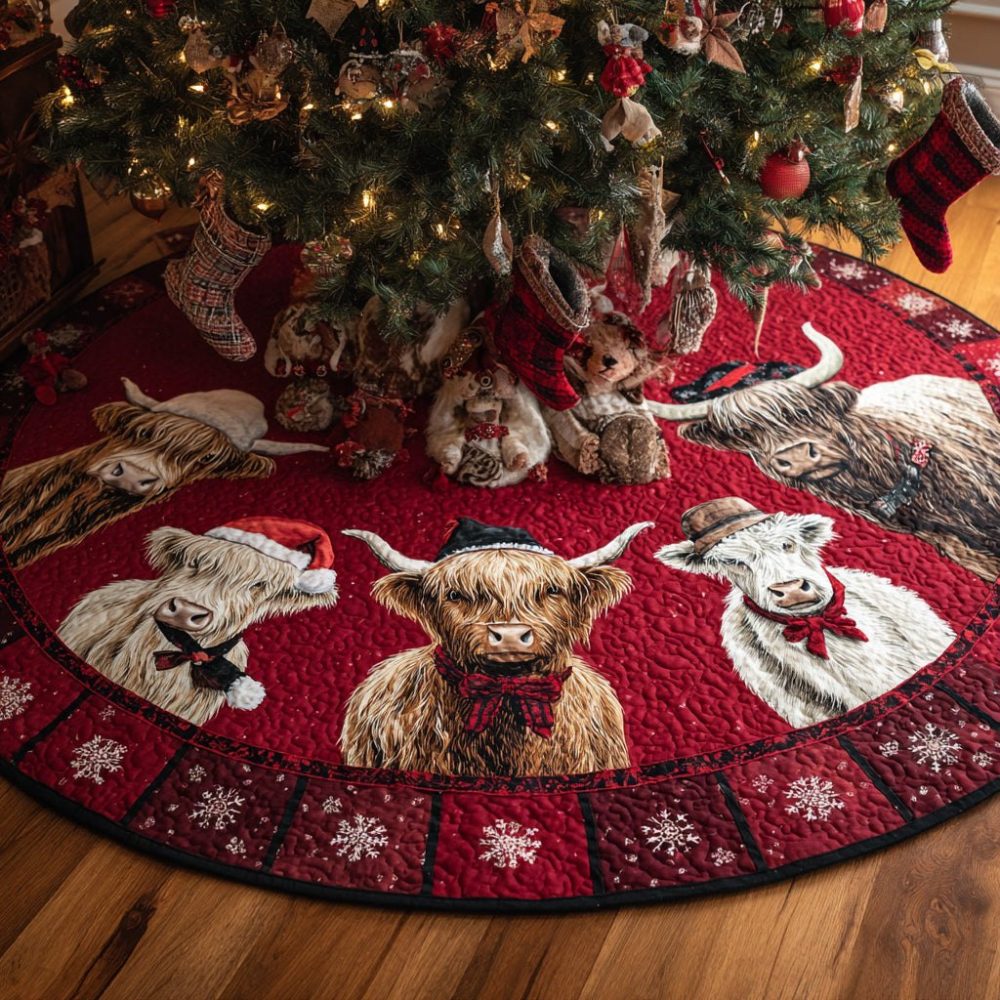 Noel Highland Cow Holiday Tree Skirt — Handcrafted Rustic Cow Print Christmas Tree Skirt, Farmhouse Chic, Custom Sizes Available