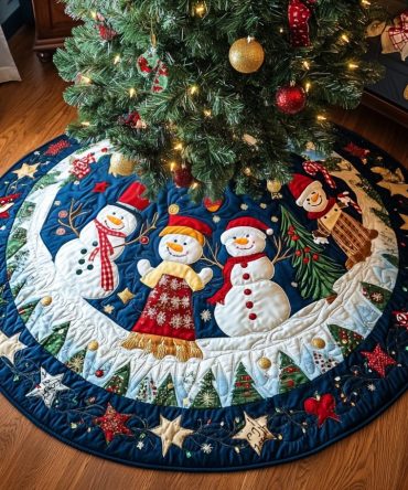 Starry Blue Snowmen Holiday Tree Skirt — Handcrafted Snowman Christmas Tree Skirt On Starry Blue Ring, Custom Sizes, Machine Washable