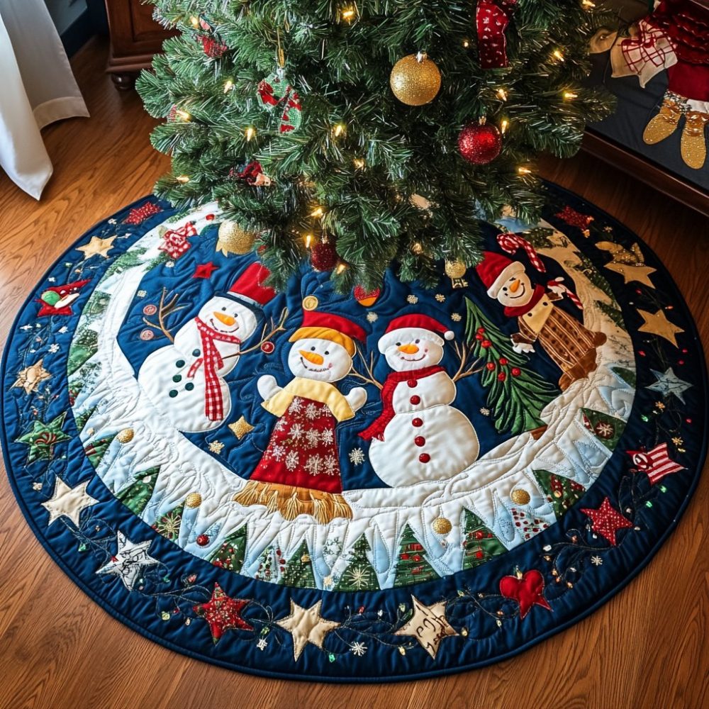 Starry Blue Snowmen Holiday Tree Skirt — Handcrafted Snowman Christmas Tree Skirt On Starry Blue Ring, Custom Sizes, Machine Washable
