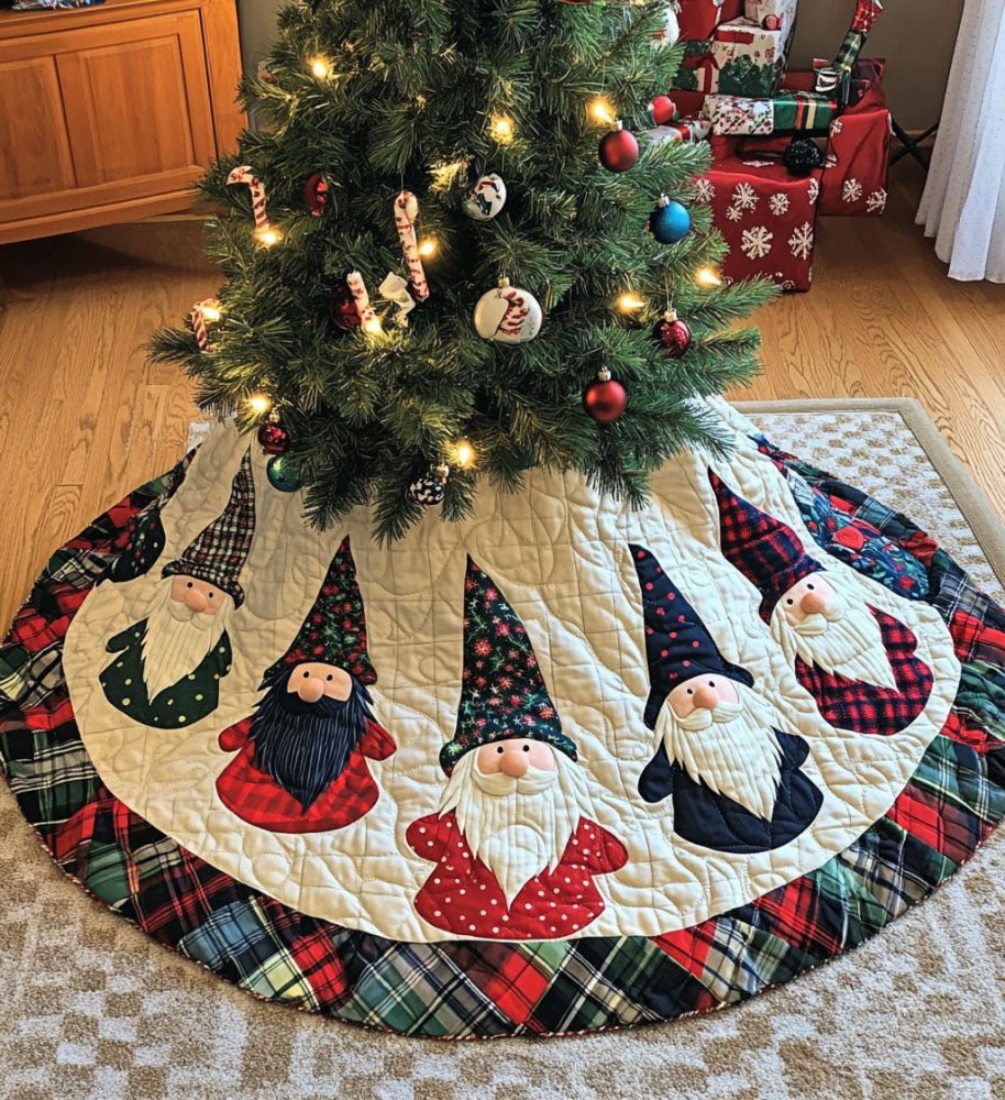 Gnomes With Stockings Holiday Tree Skirt — Handcrafted Ivory Christmas Tree Skirt With Festive Gnome & Stockings, Custom Sizes, Washable
