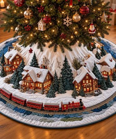 Luxury Handcrafted Noel Village Christmas Tree Skirt - Custom Velvet Holiday Skirt With Embroidered Vintage Village Scene, Multiple Sizes