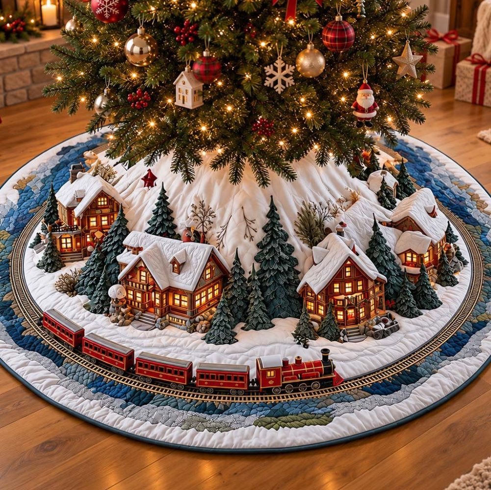 Luxury Handcrafted Noel Village Christmas Tree Skirt - Custom Velvet Holiday Skirt With Embroidered Vintage Village Scene, Multiple Sizes