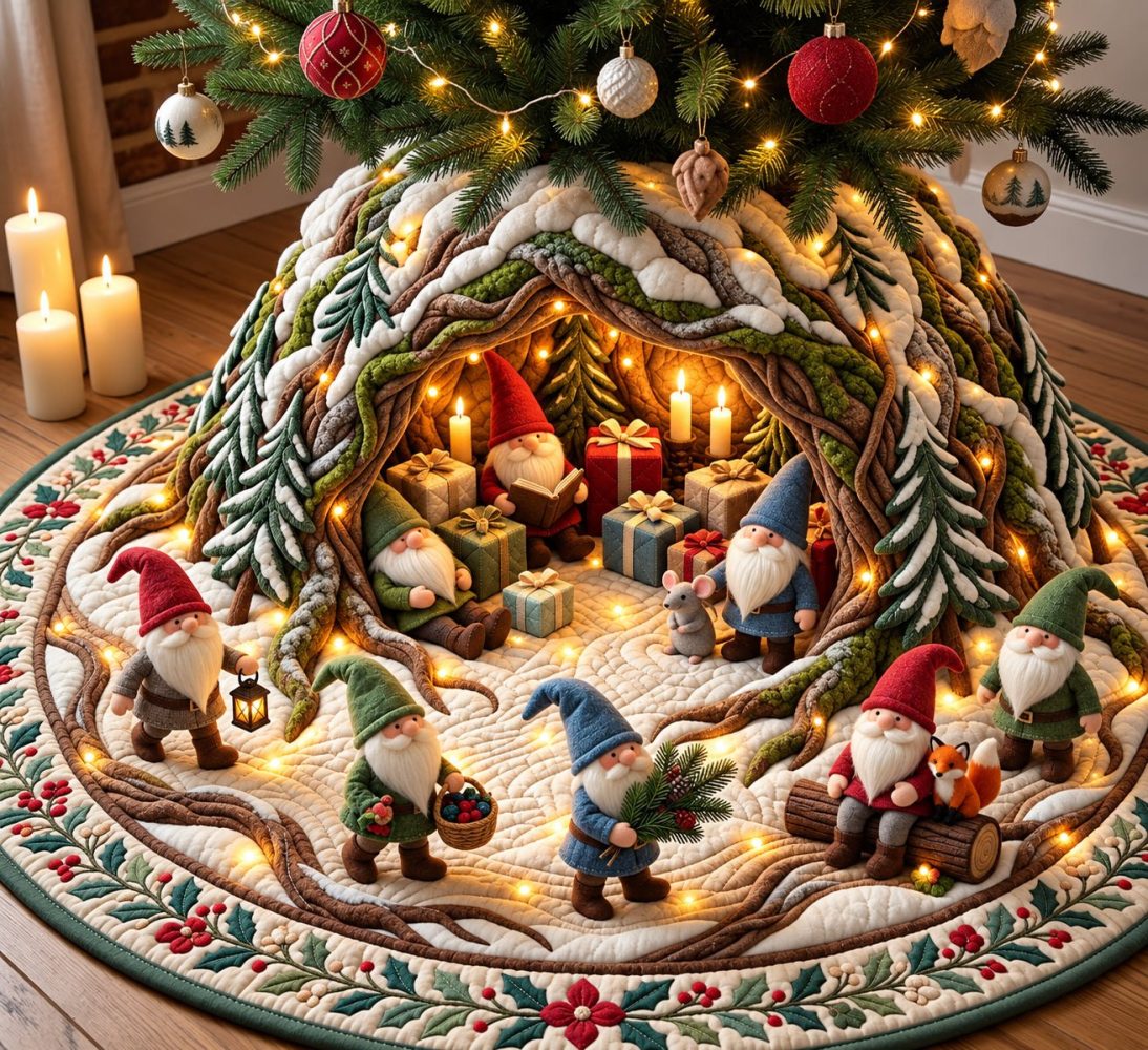 Nordic Gnome Forest Tree Skirt — Scandinavian-Inspired Christmas Skirt, Made-To-Order Minimalist Holiday Accent For Cozy Homes