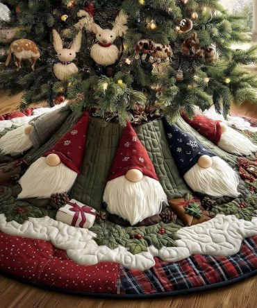 Nordic Gnome Night Holiday Tree Skirt — Handcrafted Scandinavian Gnome Christmas Tree Skirt, Cozy Cottage Style, Custom Dimensions
