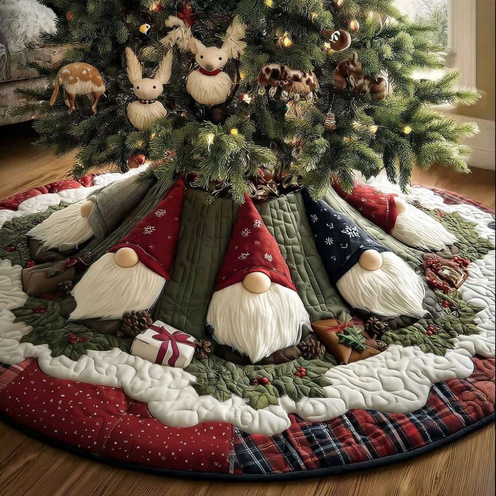 Nordic Gnome Night Holiday Tree Skirt — Handcrafted Scandinavian Gnome Christmas Tree Skirt, Cozy Cottage Style, Custom Dimensions
