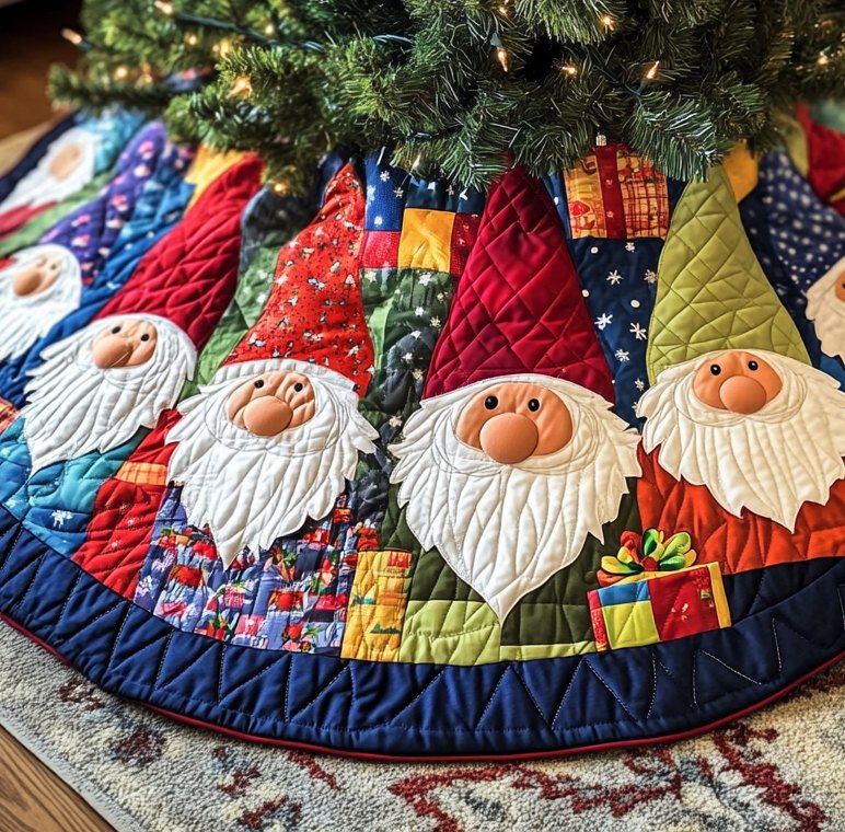 Nordic Gnomes Christmas Tree Skirt — Handmade Custom Holiday Skirt With Charming Nordic Gnome Pattern, Reversible & Plush (Made-To-Order)