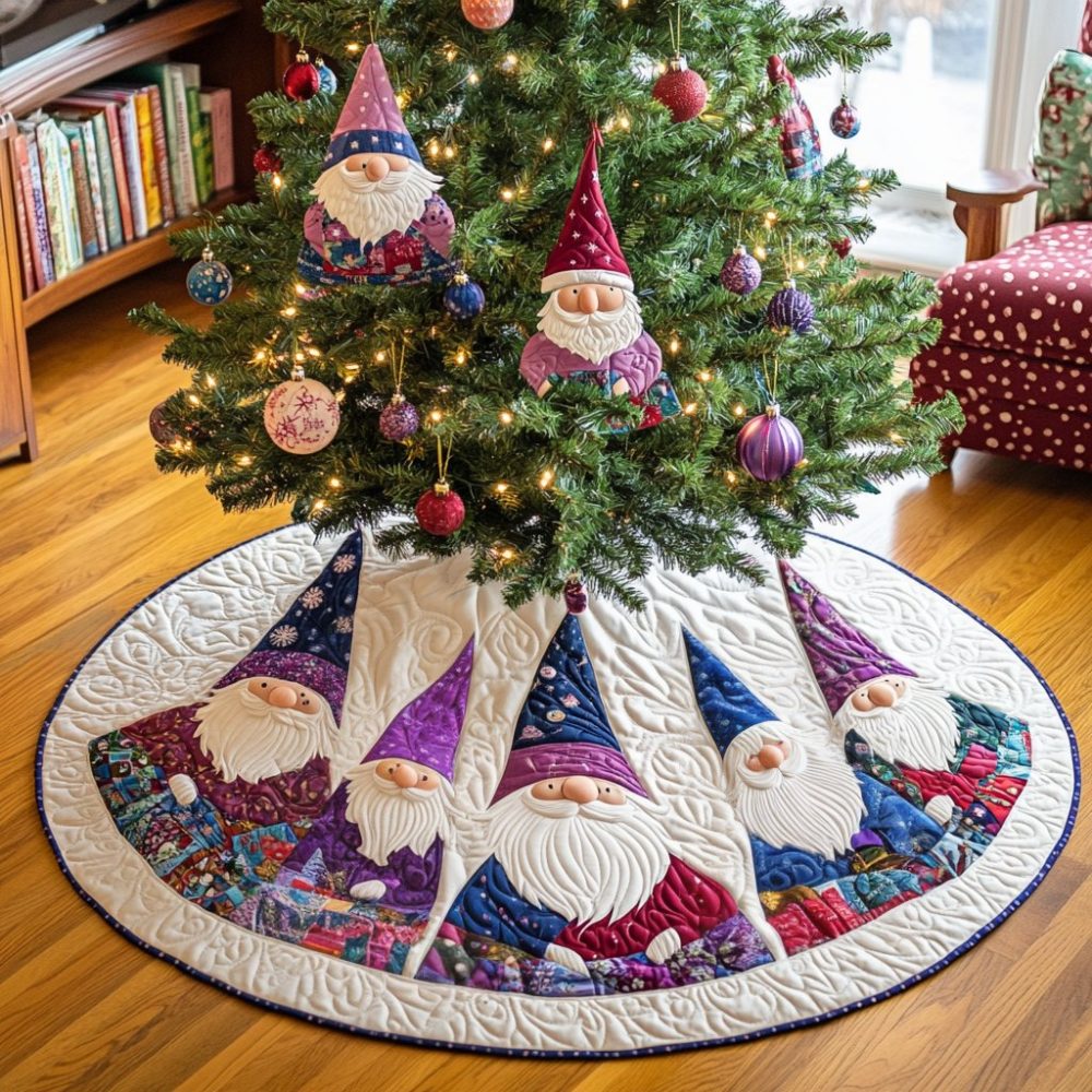 North Pole Gnome Handmade Christmas Tree Skirt — Custom Whimsical Gnome Holiday Mat, Plush Reversible Design (Made-To-Order)
