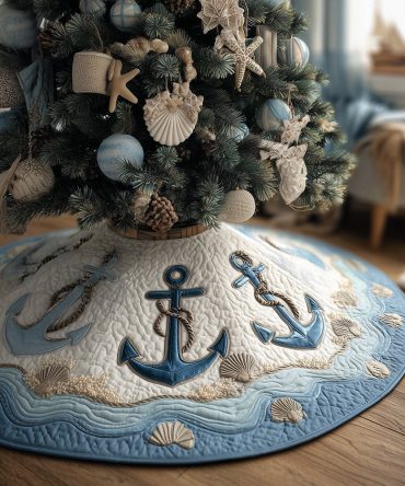 North Pole Port Handmade Christmas Tree Skirt — Custom Nautical Holiday Base Mat With Festive Harbor Design, Reversible (Made To Order)