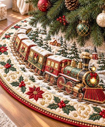 Handcrafted North Pole Train Christmas Tree Skirt - Made-To-Order Vintage Holiday Train Theme Tree Skirt, Custom Sizes