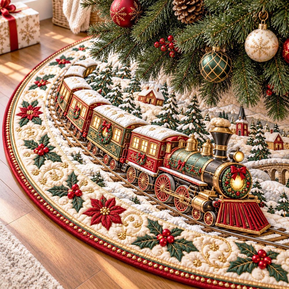 Handcrafted North Pole Train Christmas Tree Skirt - Made-To-Order Vintage Holiday Train Theme Tree Skirt, Custom Sizes