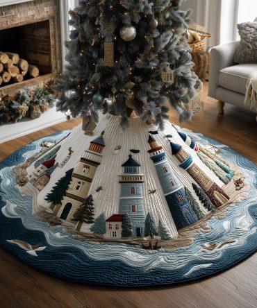North Shore Lighthouse Christmas Tree Skirt — Handcrafted Coastal Holiday Base Mat, Custom Sizes & Reversible Design (Made-To-Order)