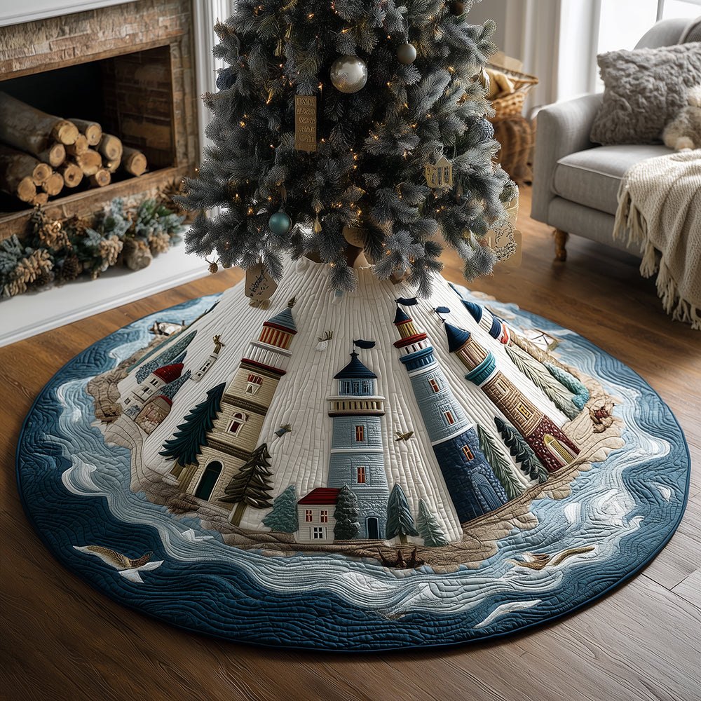 North Shore Lighthouse Christmas Tree Skirt — Handcrafted Coastal Holiday Base Mat, Custom Sizes & Reversible Design (Made-To-Order)