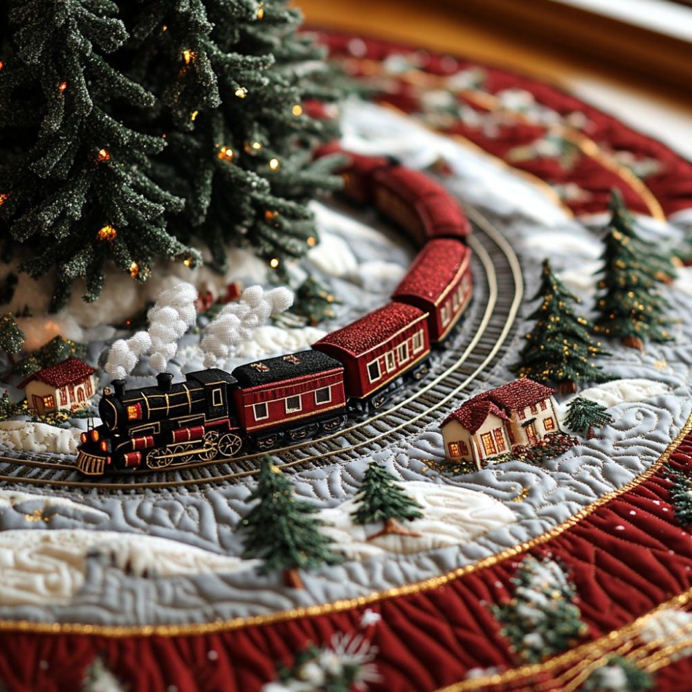 North Star Train Handmade Christmas Tree Skirt — Custom-Fit Holiday Base Mat With Celestial Train Motif, Reversible & Plush (Made To Order)