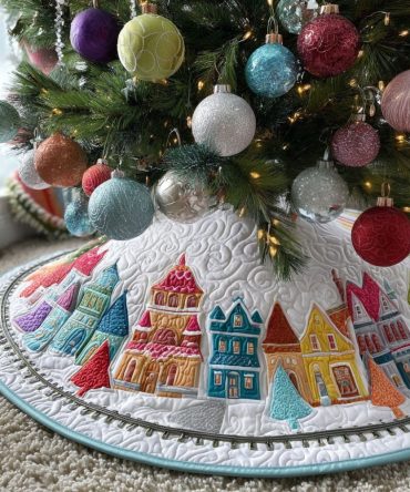 Handmade North Star Village Christmas Tree Skirt — Custom Made-To-Order Holiday Tree Base Mat, Plush Reversible Décor