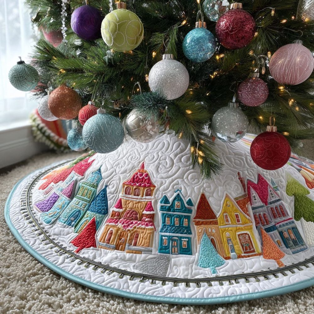 Handmade North Star Village Christmas Tree Skirt — Custom Made-To-Order Holiday Tree Base Mat, Plush Reversible Décor