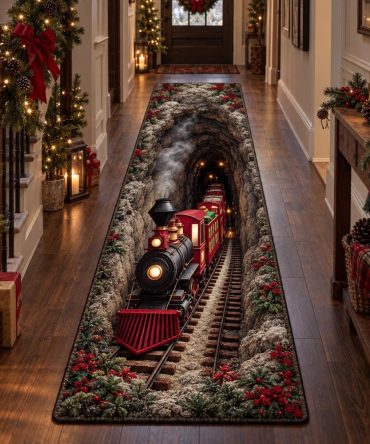 North Pole Express Holiday Runner Rug — Vintage Train Christmas Carpet, Durable Non-Slip Design Perfect For Entryways & Stairs