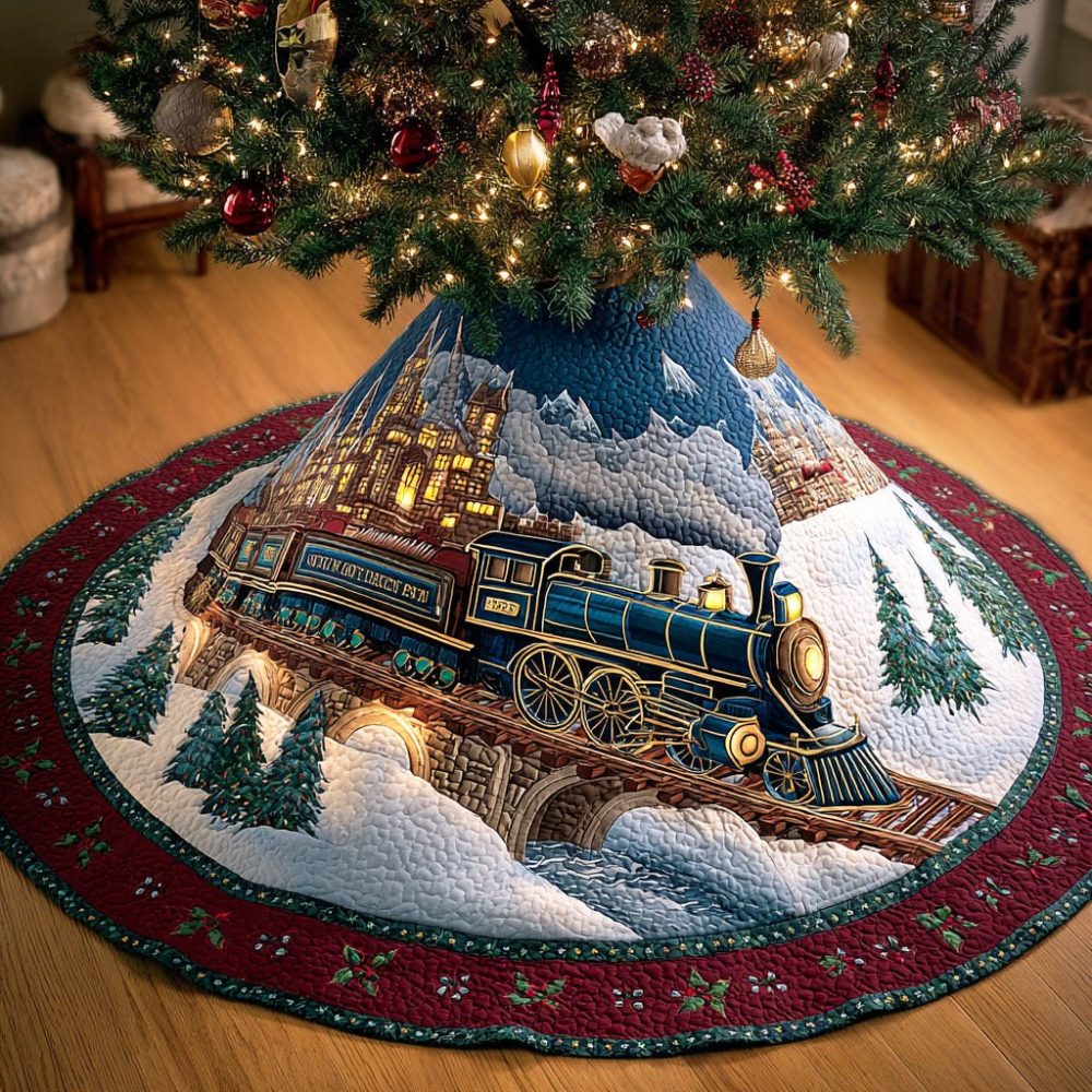 Northbound Train Holiday Tree Skirt — Handmade Custom Christmas Mat With Whimsical Train Design, Reversible And Durable (Made To Order)