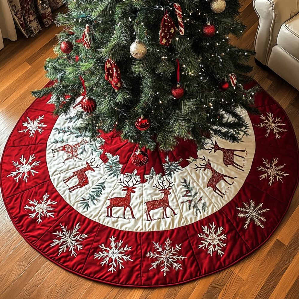 Northern Lights Reindeer Tree Skirt - Custom Aurora-Inspired Christmas Skirt With Reindeer Silhouettes, Vivid Colors