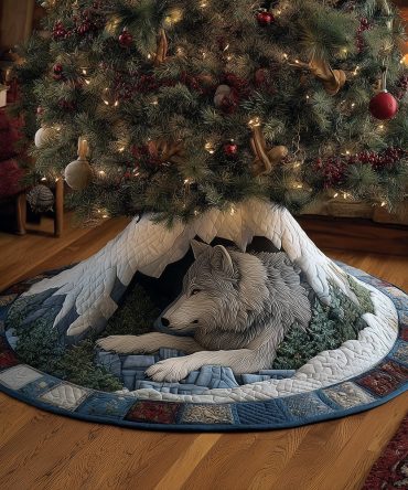 Northern Wolf Cave Tree Skirt - Custom Made Rustic Wilderness Christmas Skirt With Wolf Motif, Cozy Cabin Decor