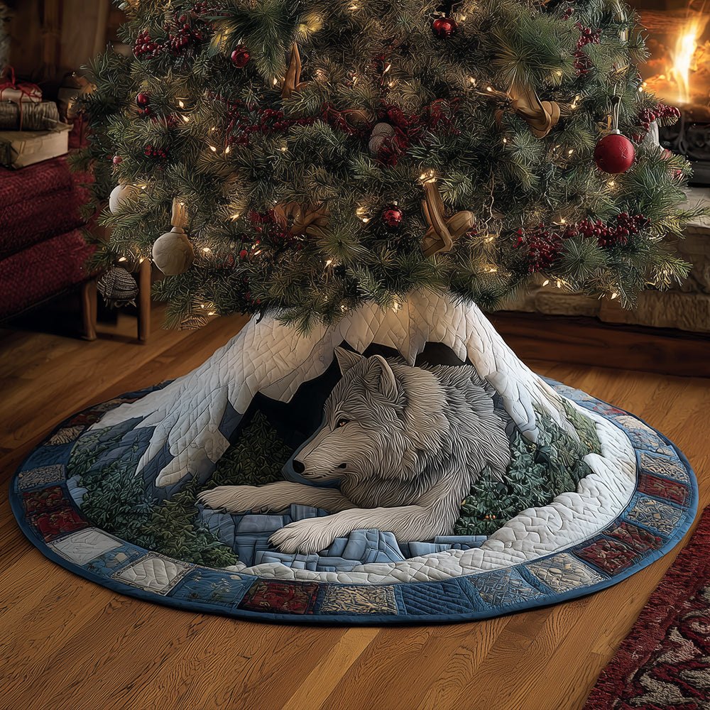 Northern Wolf Cave Tree Skirt - Custom Made Rustic Wilderness Christmas Skirt With Wolf Motif, Cozy Cabin Decor