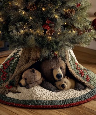 Northwoods Bear Nook Tree Skirt - Custom Rustic Bear-Themed Christmas Skirt, Warm Lodge Style Decor For Cabin