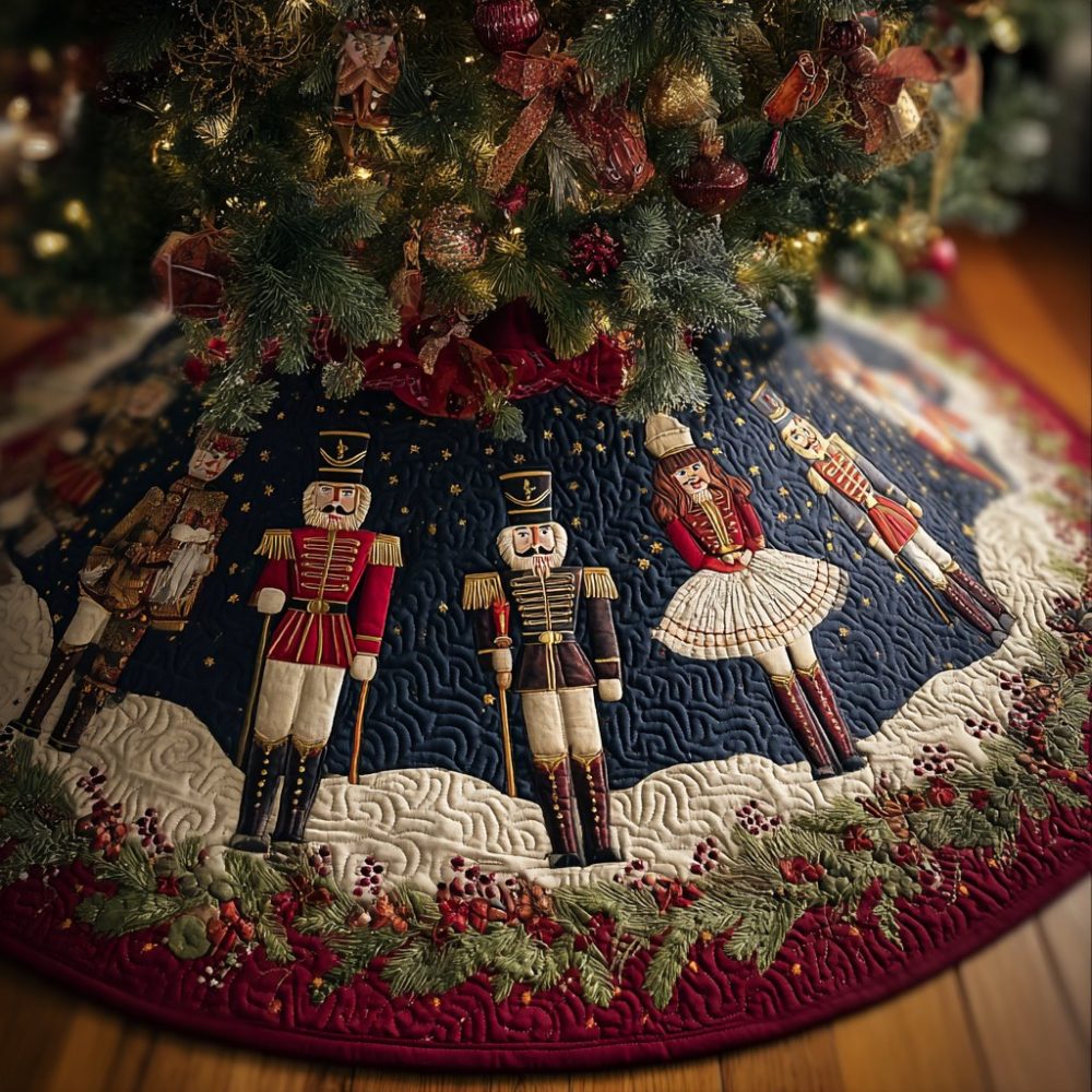 Navy Nutcracker & Ballerina Tree Skirt - Custom Made Elegant Dance-Themed Holiday Skirt With Deep Navy Backdrop