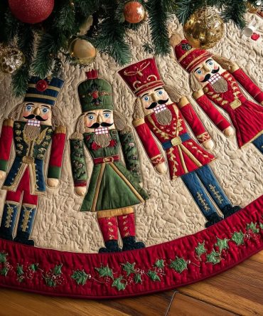 Ruby Holly Nutcracker Christmas Tree Skirt - Custom Made Holiday Hem With Bright Ruby, Green Holly & Charming Figures